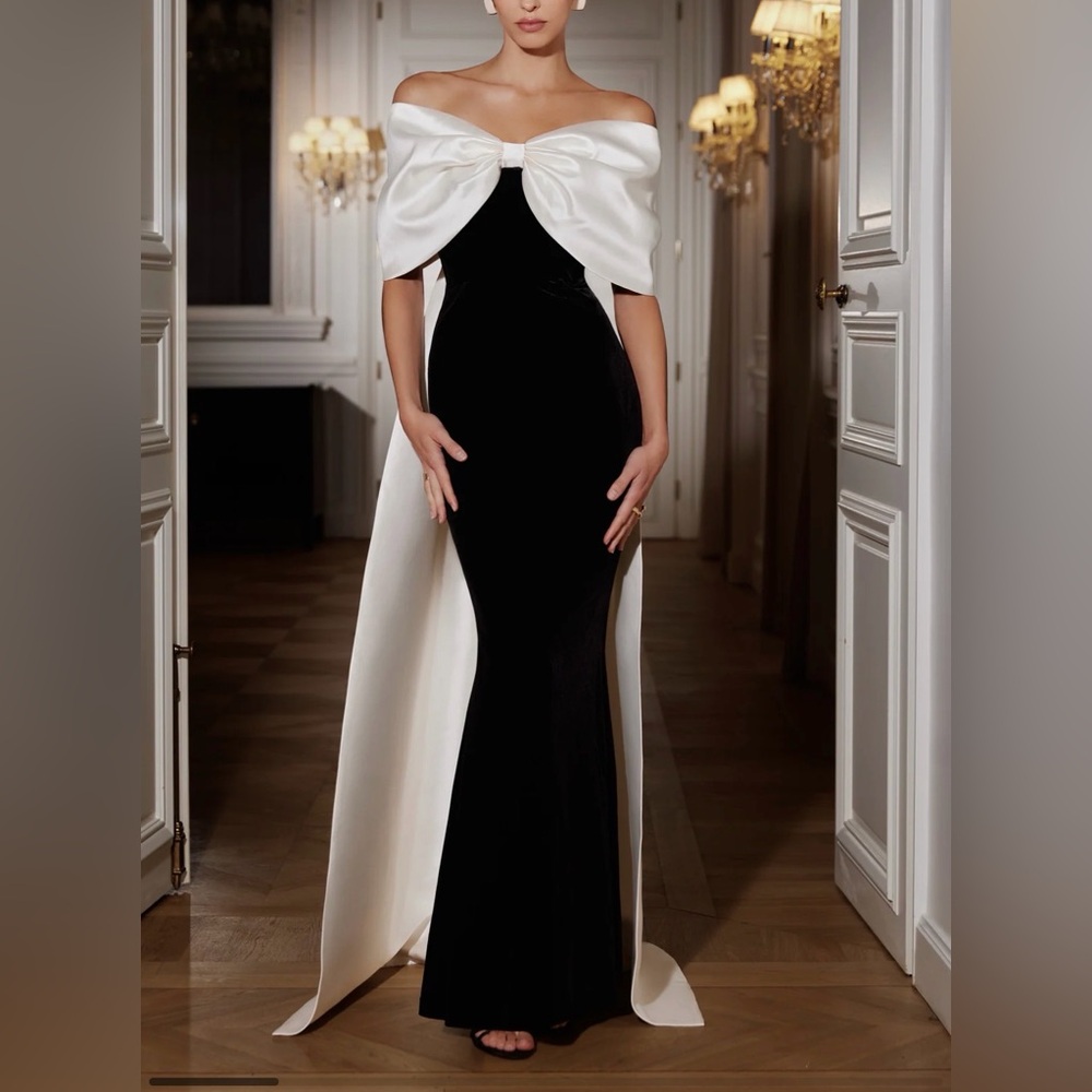 Club L London Black & White Satin Cape Maxi Dress With Oversized Bow
